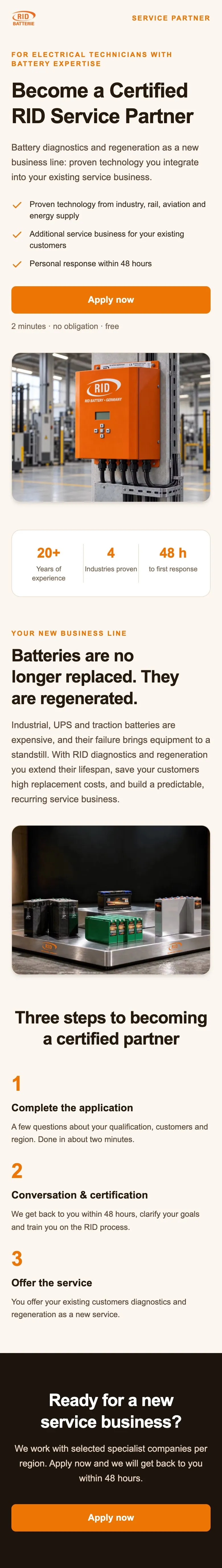 RID Battery Service Partner Program landing page